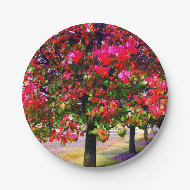 Pink impressionistic Autumn Leaves Paper Plates (Front)