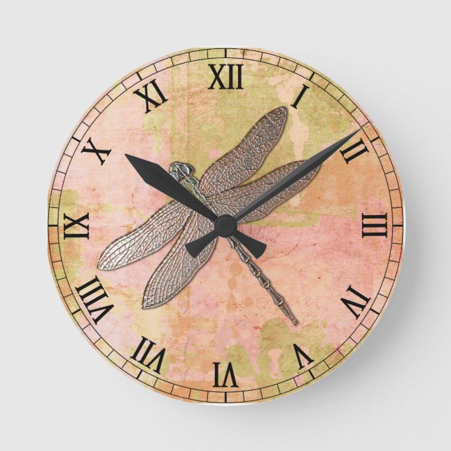 Pink Impressions Metal Dragonfly Round Clock (Front)