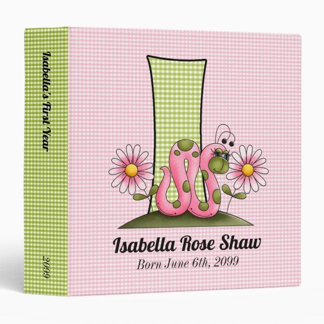 Pink Inch Worm Monogram Letter I Baby Scrapbook Binder (Front/Spine)