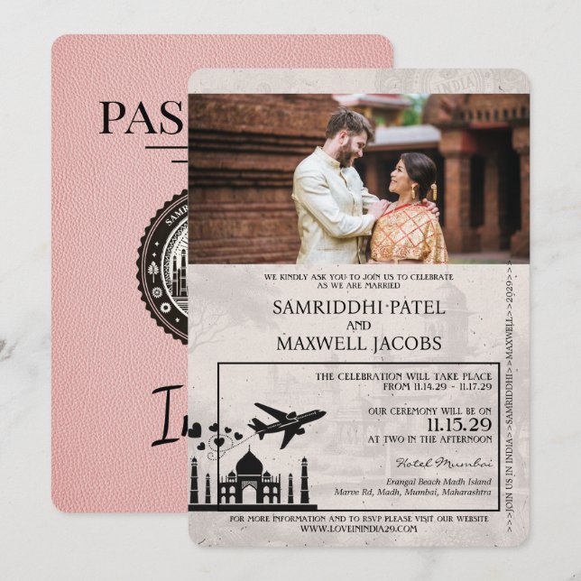 Pink India Passport Wedding Invitation (Front/Back)