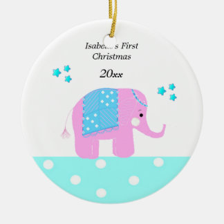 Pink Indian Elephant Baby's First Christmas Ceramic Ornament