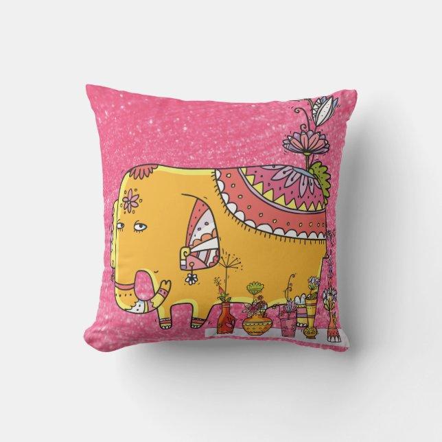 Pink Indian Inspired Elephant Decor Throw Pillow (Front)