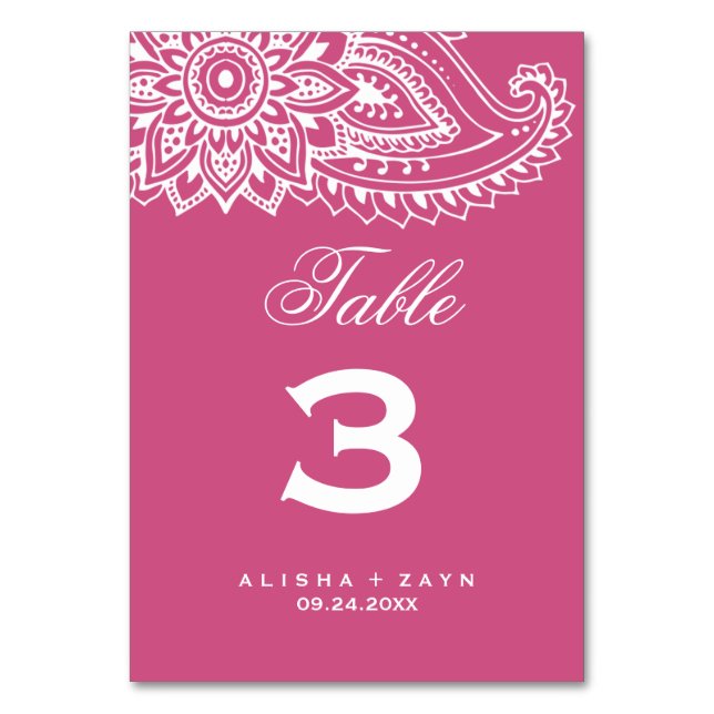 Pink Indian Paisley Table Number (Front)
