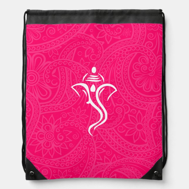 Pink Indian Swirl & Ganesha Drawstring Bag (Front)