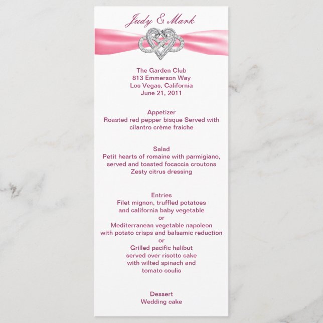 Pink Infinity Heart Wedding Menu Card (Front)