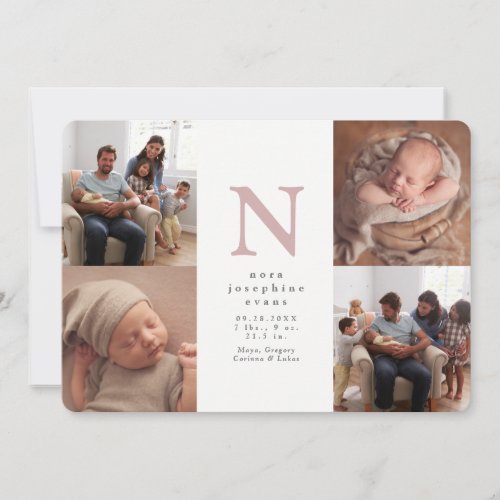 Pink initial four photo collage girl birth announcement