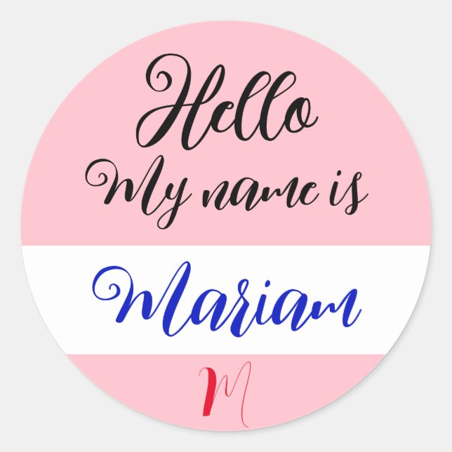 Pink (Initial Letter & Name) Hello My Name is Classic Round Sticker (Front)