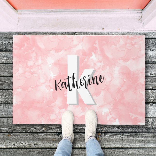 Pink Initial Monogram Doormat (Modern Pink Watercolor Initial Monogram Doormat)