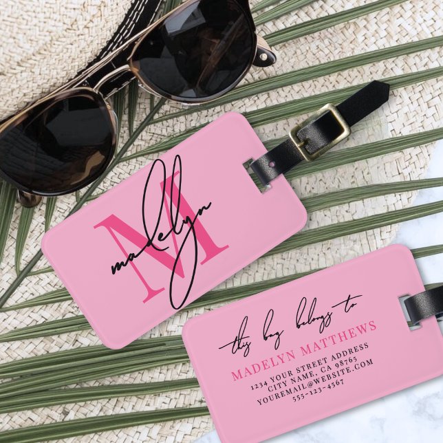 Pink Initial Name Monogram Luggage Tag (Custom Modern Pink Initial Name Monogram Luggage Tag )