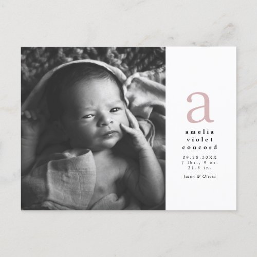 PInk initial simple Birth Announcement postcard