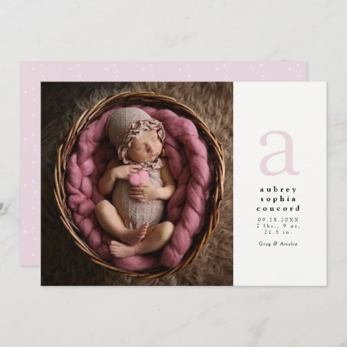Pink initial simple classic birth announcement