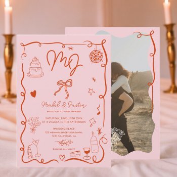 Pink Initials Handdrawn Illustrated Photo Wedding Invitation by girly_trend at Zazzle