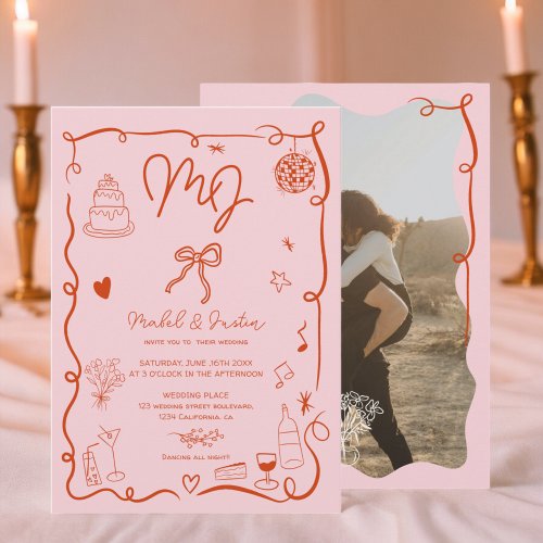 Pink initials handdrawn illustrated photo wedding invitation