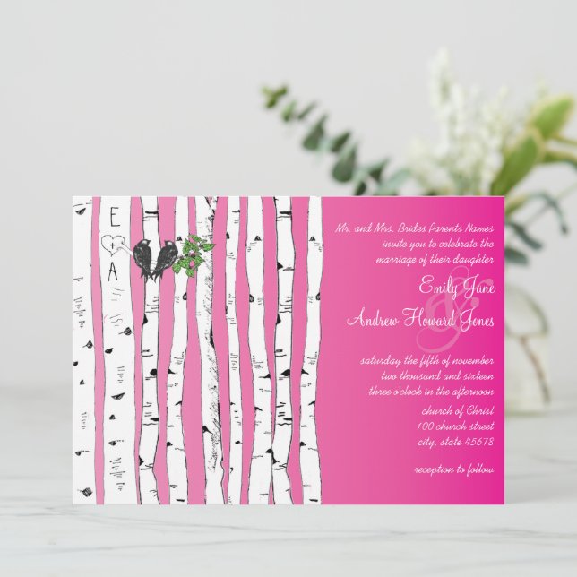 Pink Initials in Birch Tree Wedding Invitations (Standing Front)