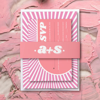 Pink initials retro groovy 70s inspired wedding invitation belly band