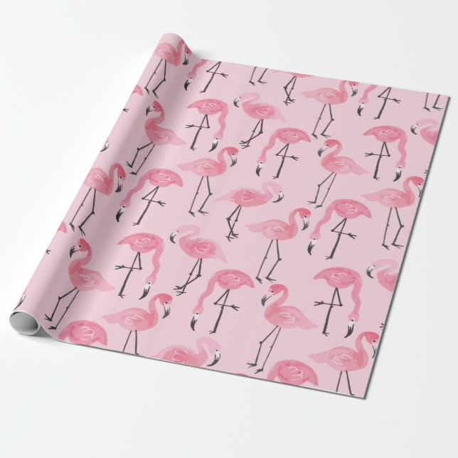 Pink ink flamingo set, tropical summer pattern vin wrapping paper (Unrolled)