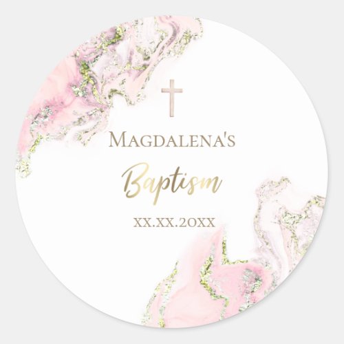 pink ink marble Baptism  Classic Round Sticker