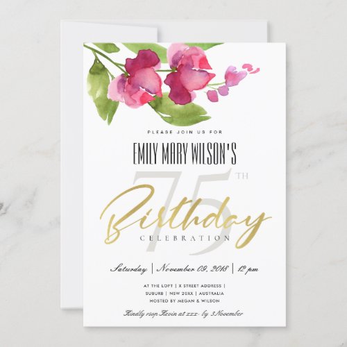 PINK INK WASH WATERCOLOR FLORAL ANY AGE BIRTHDAY INVITATION