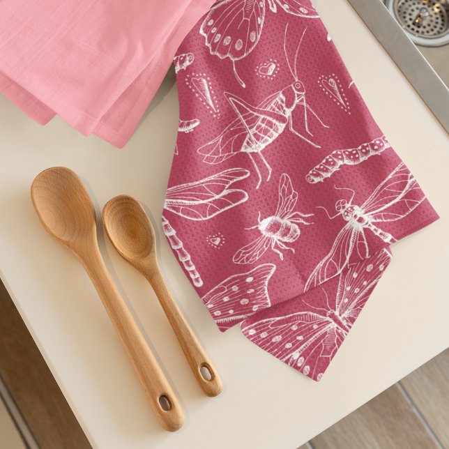 Pink Insects Bee Ladybug Butterfly Love Bug  Kitchen Towel (Pink and White "Love Bug" Insects Kitchen Towel. Hand-drawn Butterflies, Bees, Dragonflies, & More!)