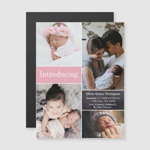 Pink Introducing photo collage baby girl birth Magnetic Invitation