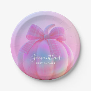 Pink Iridescent Coquette Bow Pumpkin Baby Shower Paper Plates