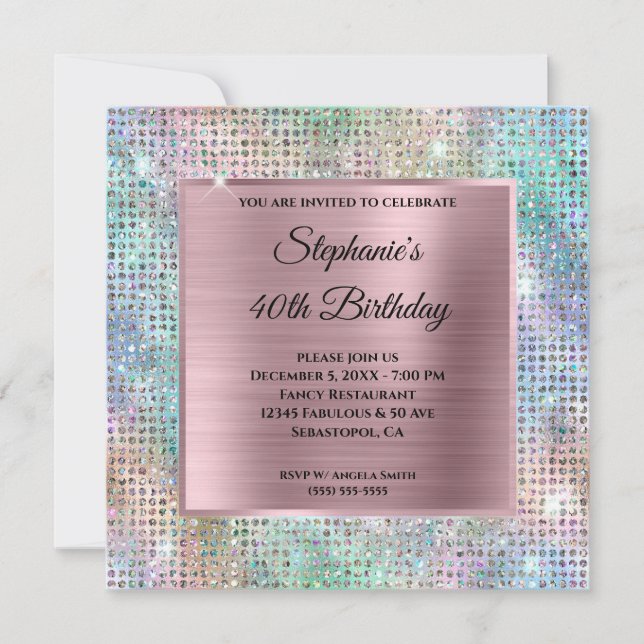 Pink Iridescent Diamond Studded Foil 40th Birthday Invitation (Front)