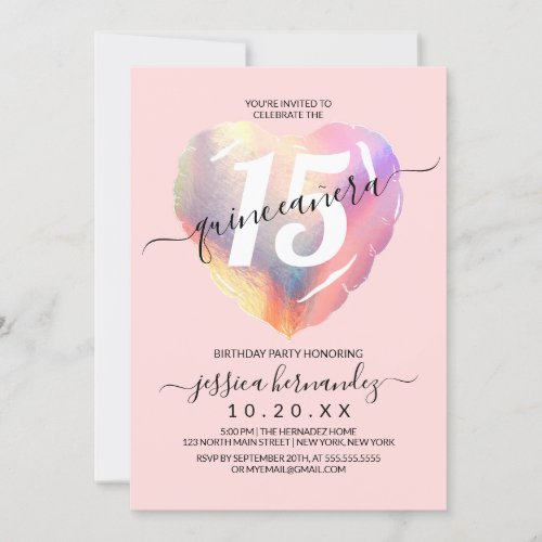 Pink Iridescent Foil Heart Balloon Quinceaera Invitation