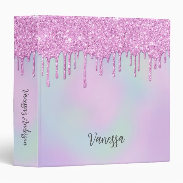 Pink Iridescent Holographic Glitter Drips Monogram 3 Ring Binder (Front/Spine)