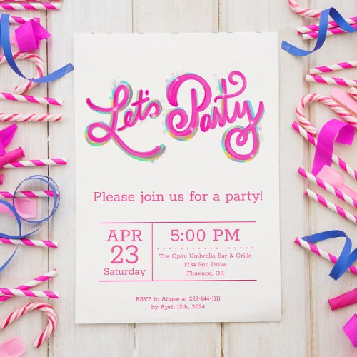 Pink Iridescent Lets Party Invitation