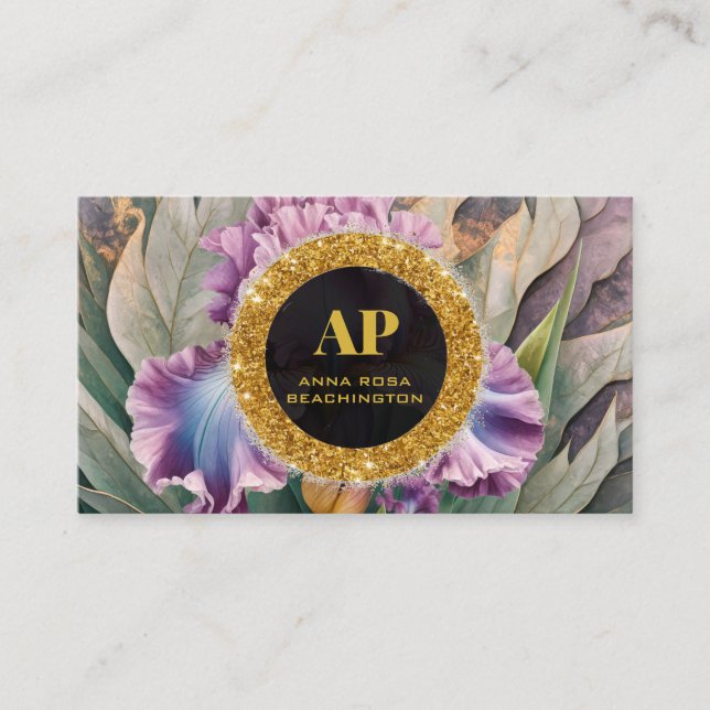 *~ Pink Iris QR AP10 Flowers Gold Business Card (Front)