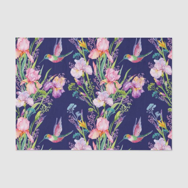 Pink Irises And Hummingbirds Tissue Paper (Front)