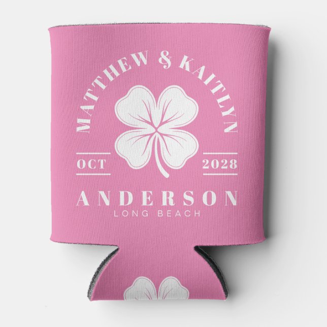 Pink Irish Clover Wedding Crest Can Cooler (Front)