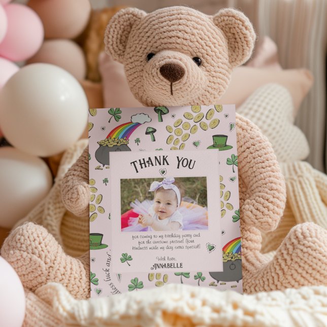 Pink Irish Rainbow Clovers & Hearts Kids Birthday Thank You Card (Cute girly baby St. Patrick's Day  birthday Thank You card with custom Photo and Text. Pot of Gold)