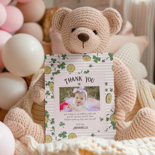 Pink Irish Shamrocks and Lucky Coins Kids Birthday Thank You Card (Girly Pink baby St. Patty's card. Cute pink & white pinstripes. Hand-drawn shamrocks & gold coins.)
