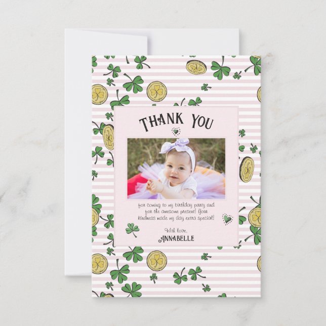 Pink Irish Shamrocks and Lucky Coins Kids Birthday Thank You Card (Front)