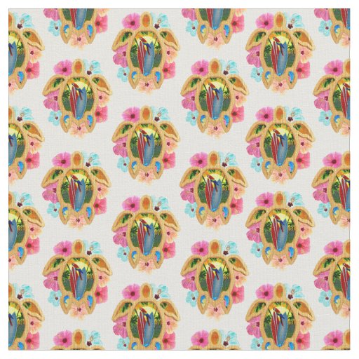 Pink Island Tropical Sea Turtles Floral Fabric
