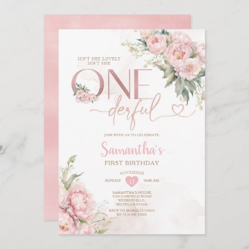 Pink Isnt She Onederful 1st Birthday Flowers Invitation