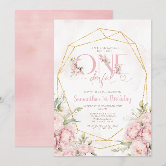 Pink Isn't She Onederful 1st Birthday Flowers Invitation (Front/Back)