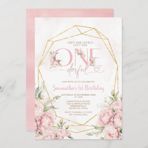 Pink Isnt She Onederful 1st Birthday Flowers Invitation