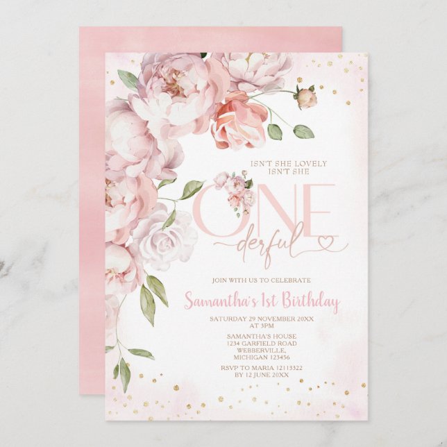 Pink Isn't She Onederful 1st Birthday Flowers Invitation (Front/Back)