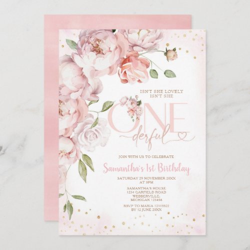 Pink Isnt She Onederful 1st Birthday Flowers Invitation