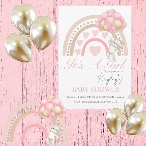 Pink Its a Girl Rainbow Watercolor Baby Shower Invitation