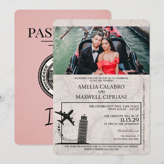 Pink Italy Passport Wedding Invitation (Front/Back)