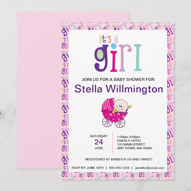 Pink It's a Girl Baby Carriage Polka Dot Pattern Invitation (Front/Back)