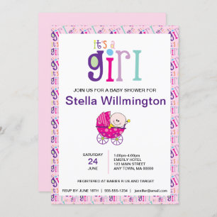 Pink It's a Girl Baby Carriage Polka Dot Pattern Invitation