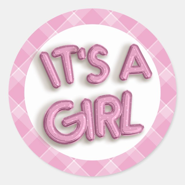 Pink It's a Girl Baby Shower Sticker – Round Favor (Front)