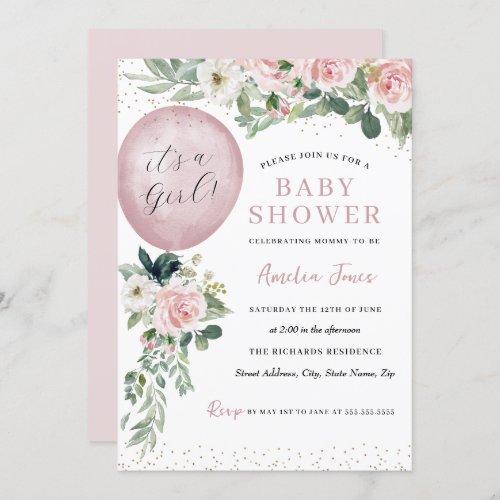 Pink Its a Girl Balloon Baby Shower Invitation