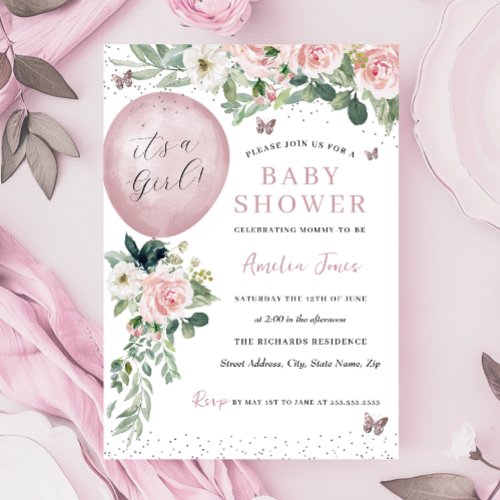 Pink Its a Girl Balloon Butterfly Baby Shower Invitation