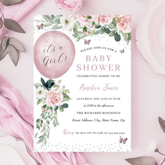 Pink It's a Girl Balloon Butterfly Baby Shower Invitation (Creator Uploaded)