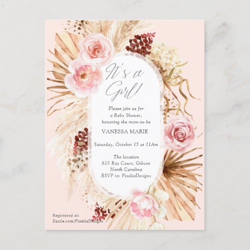 Pink its a girl boho watercolor floral pampas  invitation postcard